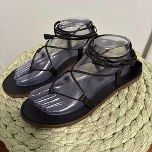 Madewell The Boardwalk Matte Black Leather Lace-Up Flat Sandal Size 9.5